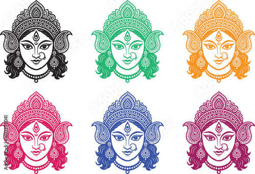 Durga Devi Faces in Various Colors silhouettes