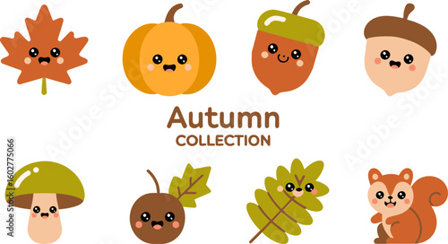 Autumn collection of pumpkins, animals and nature faces in kawaii style, ideal for sticker set or themed invitation card  