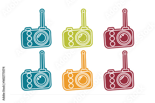 A vibrant collection of six retro style walkie talkie icons in a grid formation each with a unique bright color