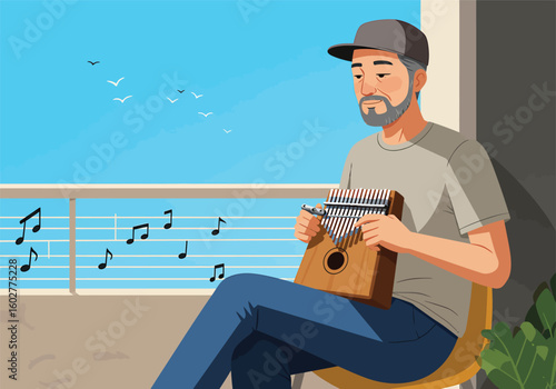 A man with a beard playing a kalimba on a balcony overlooking the ocean.