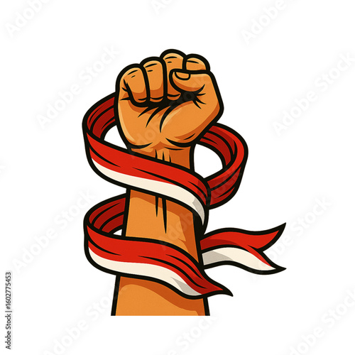 Illustration of a raised fist wrapped in flowing red and white ribbon