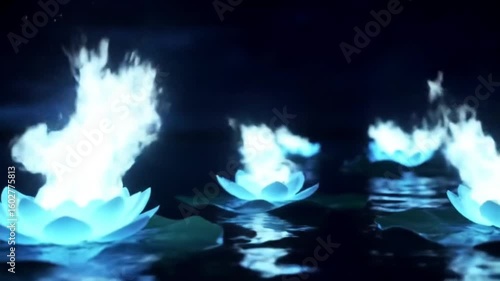 Wallpaper Mural Glowing lotus flowers floating with ethereal blue flames emerging from the petals, on a water surface Torontodigital.ca