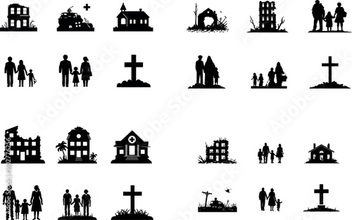 War aftermath and refugee crisis vector icons set featuring family loss and destruction
