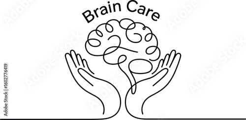 Black line art brain care concept with hands supporting brain symbol