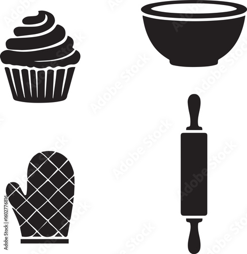 Baking icons cupcake bowl oven mitt rolling pin vector