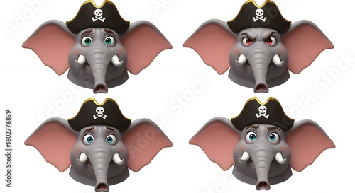 Four elephant heads in pirate hats