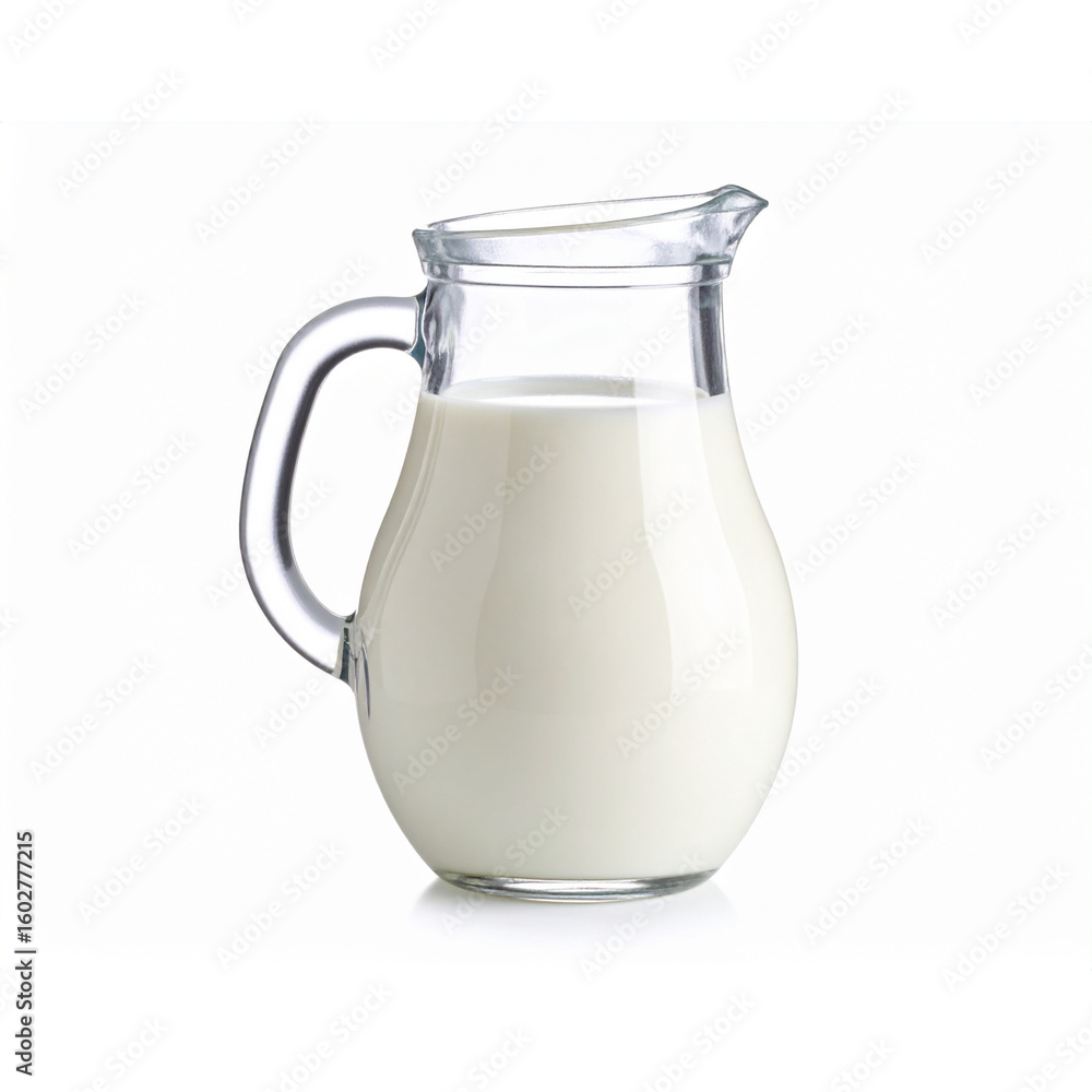 A glass jug full of whole cream cow milk on an isolated background A glass jug full of whole cream cow milk on an isolated background