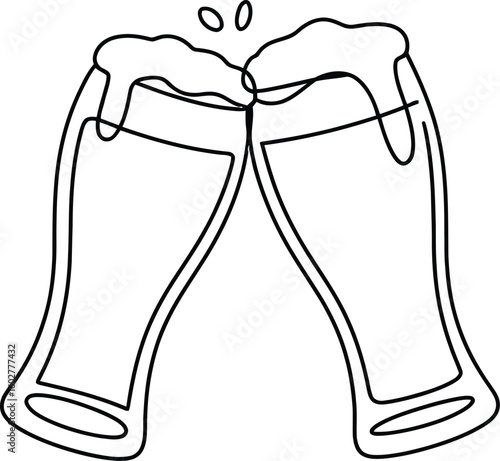 Two Beer Glasses Clinking Outline Illustration with Foam and Bubbles