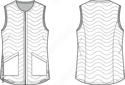 Flat sketch of quilted sleeveless vest with pockets, wavy stitch lines, front and back view, fashion technical vector for outerwear design