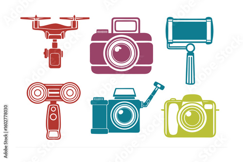 Collection of modern photography and videography gadgets including drones cameras and gimbal stabilizers