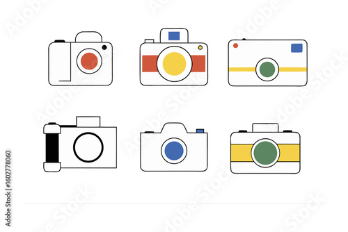 Collection of six stylized retro camera illustrations featuring vibrant colors and simple geometric designs on a white background