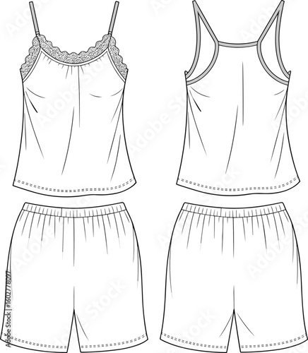 Lingerie pajama set, camisole and shorts, women sleepwear cad, lace trim nightwear vector, fashion flat technical drawing template
