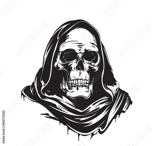 Skull in the hood. Vector vintage illustration