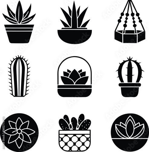 Succulent, Icon, Set, Cactus, Plant, Houseplant, Nature, Pot, vector, silhouette