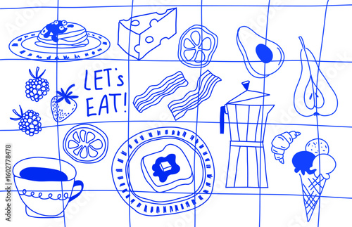 Vector Doodle Food illustration, Trendy Naive Quick sketch in blue ink. Retro Playful isolated elements. Primitive Breakfast illustrations. Cute lifestyle. Hand drawn food print. Morning picnic stuff