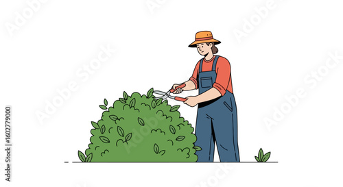 Gardening Illustration: Woman Trimming a Bush