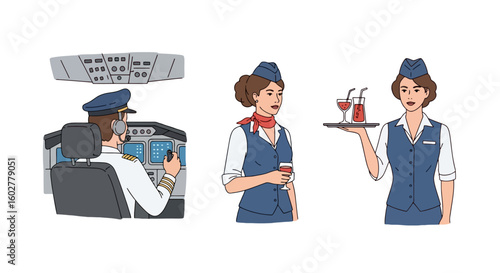 Aviation Crew Characters: Pilot and Flight Attendants