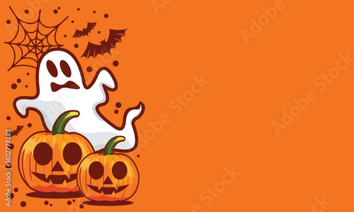 Halloween template design with adorable spooky characters and empty area for custom messages. Perfect for creating unique holiday greetings, event announcements, or website banners.
