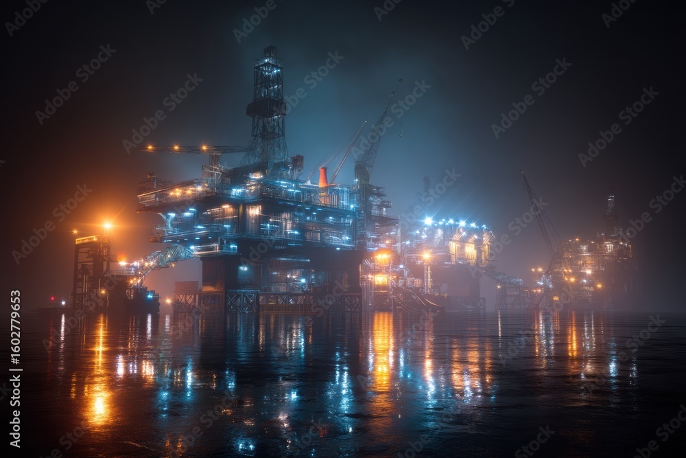Fototapeta premium Empty oil refinery platform at night with dramatic lighting and fog, conveying industrial slowdown.