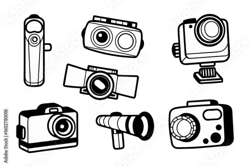Collection of hand drawn sketch style illustrations of various digital cameras and recording devices