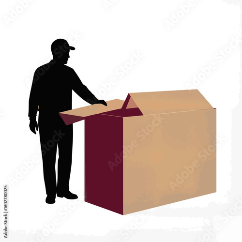 Delivery person unboxing parcel on white background, logistics concept