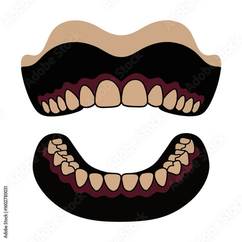 Stylish dentures silhouette in burgundy and black on white background, dental artistry