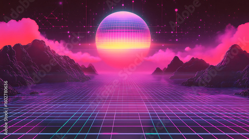 frameless tablet floating with glitch effect and vaporwave colors, 80s retro digital grid below.