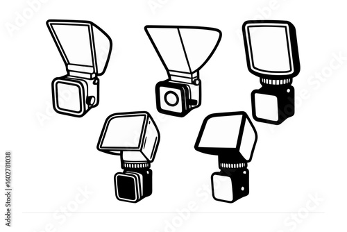 Collection of five vintage camera flashes each with a unique diffuser presented in a hand drawn illustration style