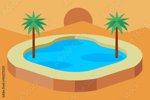 Desert oasis with palm trees and a pool