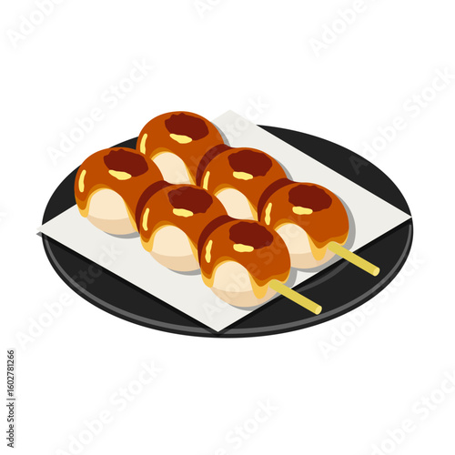 Two sticks of mitarashi dango on black round plate with white paper - flat isometric illustration
