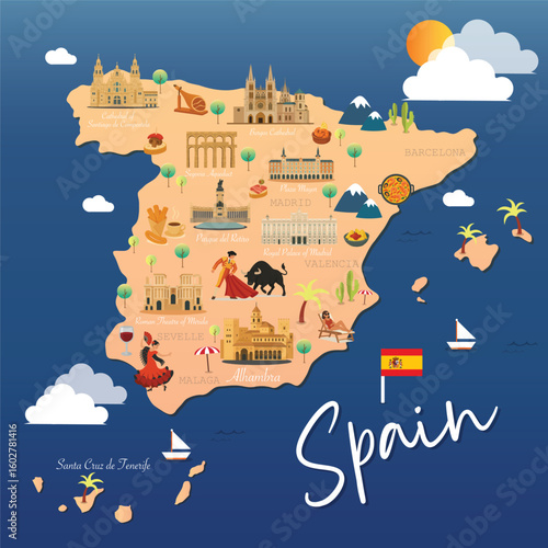 Colorful Illustrated Travel Map of Spain with Famous Landmarks and Culture