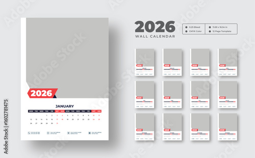 2026 monthly wall calendar template | Week starts on Monday | Editable 12-page vector planner | Clean and printable layout for scheduling
