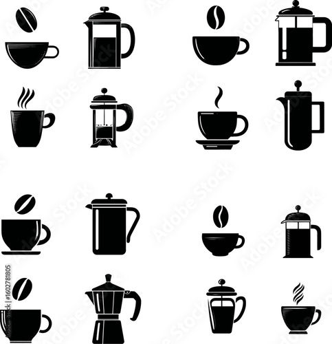 Coffee cups and french press vector icon set for cafe or restaurant menu design