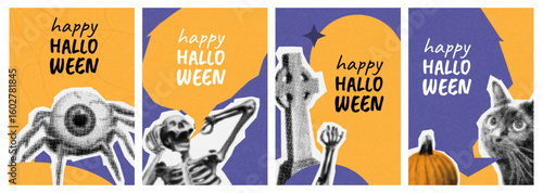 happy halloween halftone collage poster set. spooky grunge cut out elements. ripped paper style, dotted illustration. trendy holiday flyers with cat, skeleton, pumpkin, tombstone