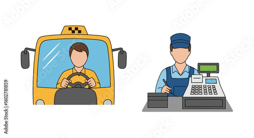 Essential Services: Taxi Driver and Cashier Illustration