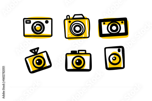 A charming collection of six hand drawn digital cameras in a variety of styles and orientations on a clean white background