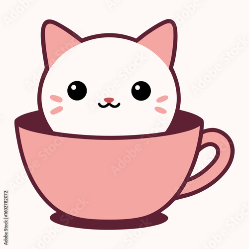 Cute white cat peeking out of a pink teacup