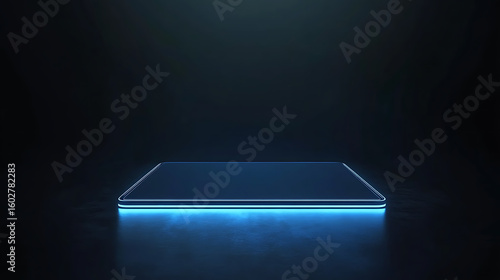 frameless floating tablet screen mockup, hovering above black surface, ambient blue light, futuristic minimal tech design.