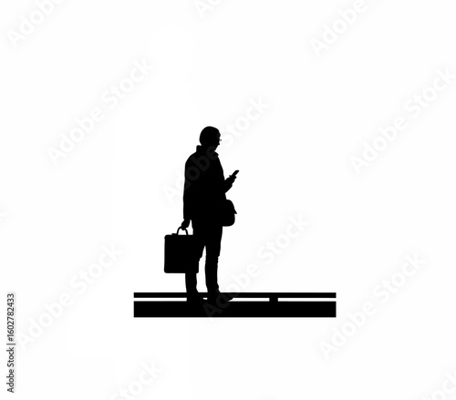 Silhouette of person standing with phone in hand waiting on white background