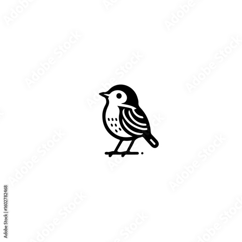 A simple black and white illustration of a small bird standing sideways view