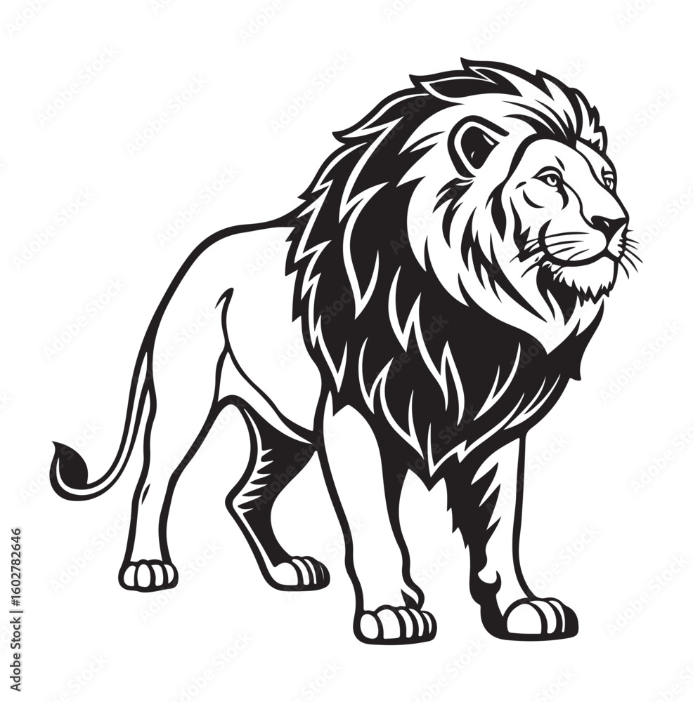 Obraz premium Stylized Lion Vector Powerful Black and White Drawing Showcasing Strength and Regal Presence