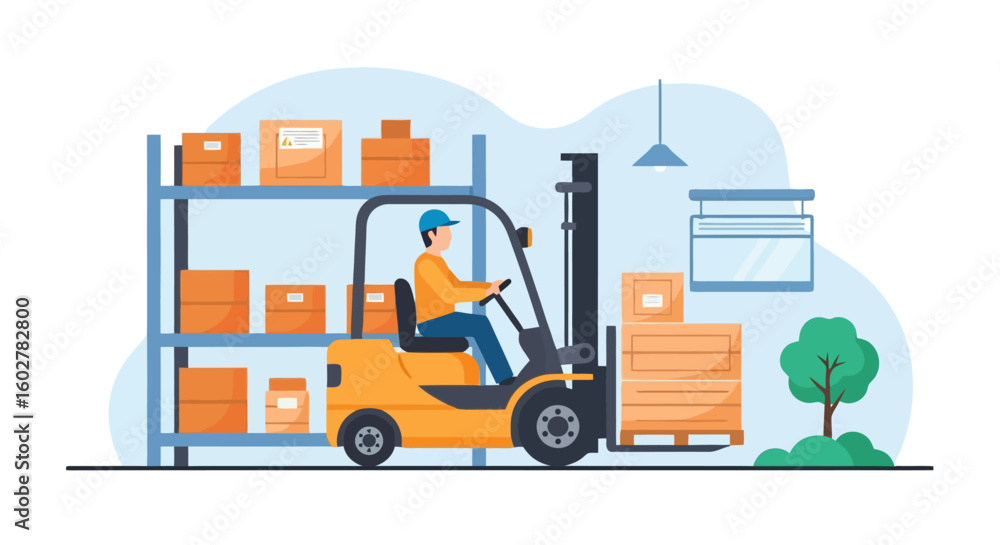 Naklejka premium Forklift Operations in Warehouse - Vector Illustration