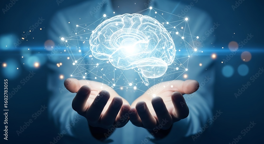 Human Brain Power: Hands Holding Glowing Brain with Neural Network Connection, Intelligence, Innovation Concept Vector Illustration Human Brain Power: Hands Holding Glowing Brain with Neural Network Connection, Intelligence, Innovation Concept Vector Illustration