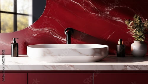 white marble vanity top maroon red bathroom counter undermount washbasin black faucet in sunlight for modern luxury beauty cosmetic skincare toiletries product background 3d