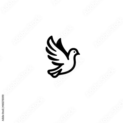 A simple black and white line drawing of a dove in flight on white background