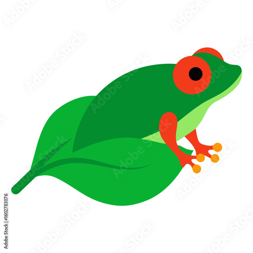 Cartoon red eyed tree frog sitting on a green leaf