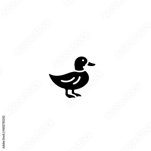 A simple black silhouette of a duck facing right on a white background space