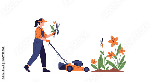 Garden Maintenance: Woman Mowing Lawn and Pruning Flowers