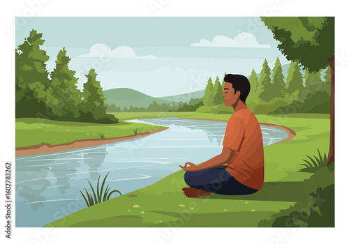 A man sits peacefully in a meditative pose beside a winding river, surrounded by lush green grass, trees, and distant hills under a cloudy sky.