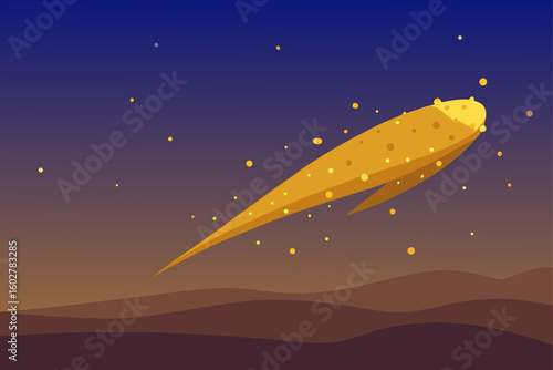 Golden comet streaking across a starry night sky